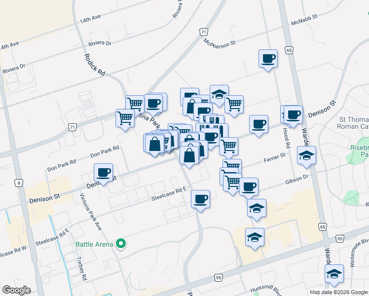 map of restaurants, bars, coffee shops, grocery stores, and more near 170 Esna Park Drive in Markham