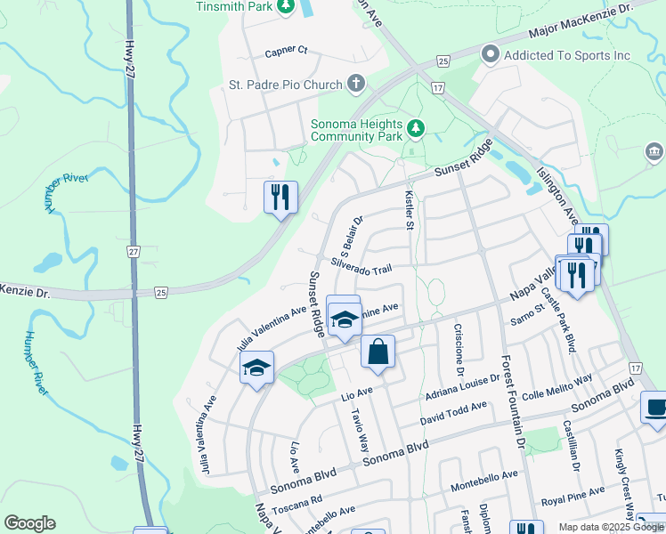 map of restaurants, bars, coffee shops, grocery stores, and more near 255 Silverado Trail in Vaughan