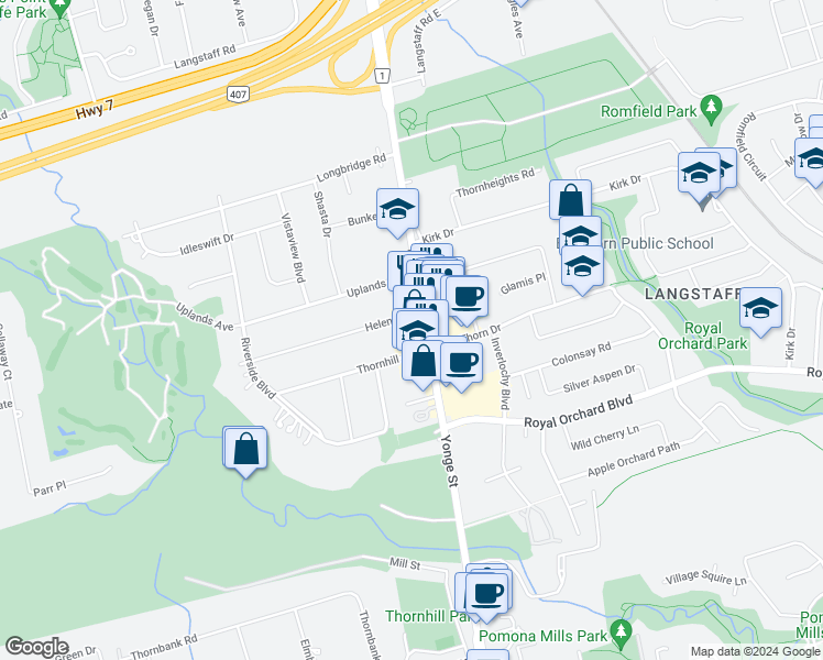 map of restaurants, bars, coffee shops, grocery stores, and more near 8134 Yonge Street in Vaughan