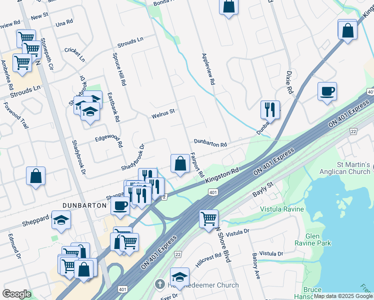 map of restaurants, bars, coffee shops, grocery stores, and more near 1744 Fairport Road in Pickering