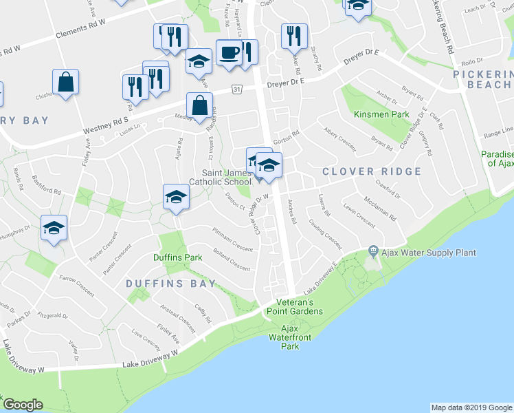 map of restaurants, bars, coffee shops, grocery stores, and more near 17 Clover Ridge Drive West in Ajax