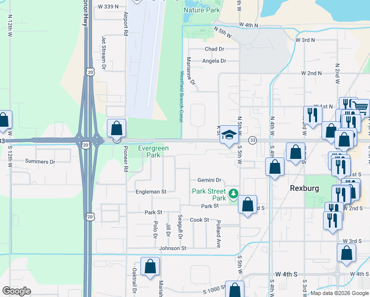 map of restaurants, bars, coffee shops, grocery stores, and more near 665 West Main Street in Rexburg