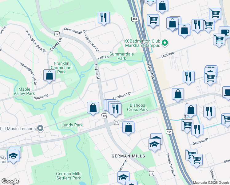 map of restaurants, bars, coffee shops, grocery stores, and more near 167 Lyndhurst Drive in Markham