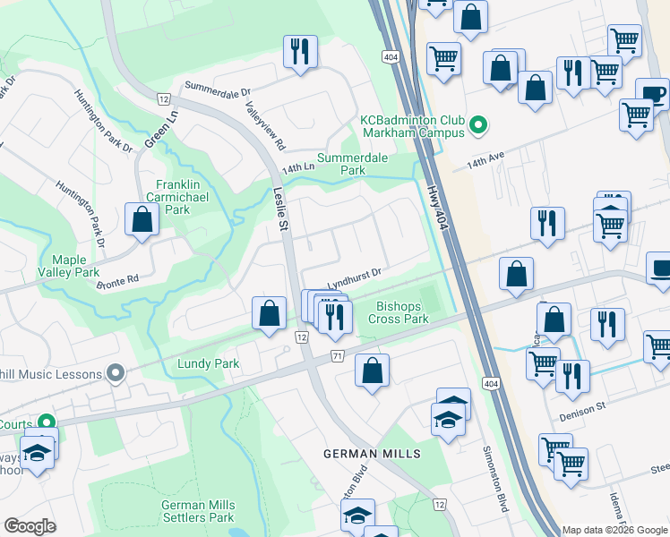 map of restaurants, bars, coffee shops, grocery stores, and more near in Markham