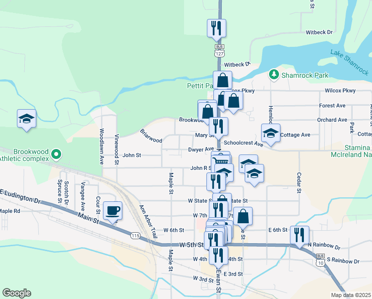 map of restaurants, bars, coffee shops, grocery stores, and more near 305 Briarwood Drive in Clare