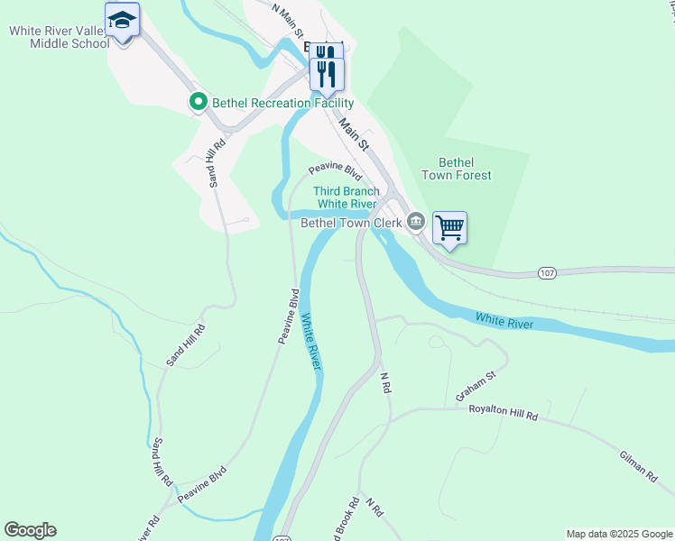 map of restaurants, bars, coffee shops, grocery stores, and more near 222 River St in Bethel