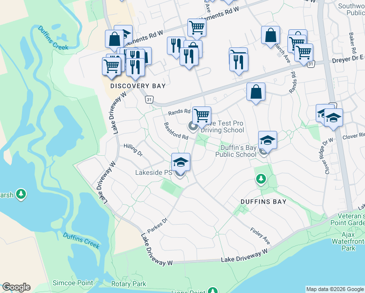 map of restaurants, bars, coffee shops, grocery stores, and more near 262 Rands Road in Ajax
