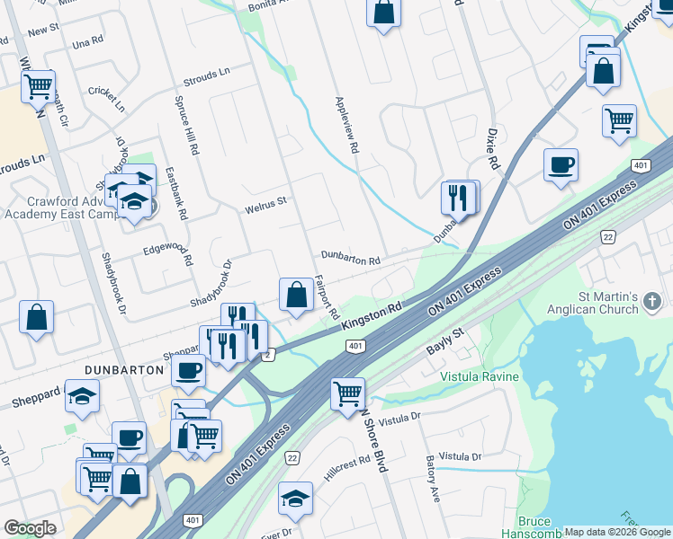 map of restaurants, bars, coffee shops, grocery stores, and more near 1741 Fairport Road in Pickering