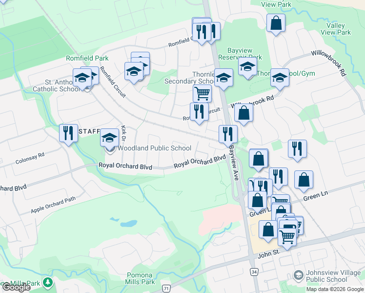 map of restaurants, bars, coffee shops, grocery stores, and more near 33 Blue Spruce Lane in Markham