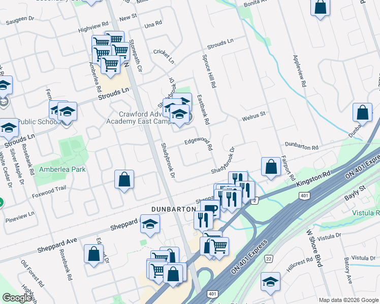 map of restaurants, bars, coffee shops, grocery stores, and more near 1716 Minstrel Manor in Pickering