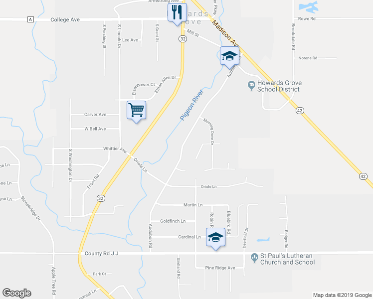 map of restaurants, bars, coffee shops, grocery stores, and more near 737 Audubon Road in Howards Grove