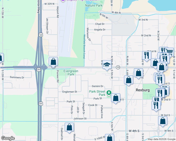 map of restaurants, bars, coffee shops, grocery stores, and more near 665 West Main Street in Rexburg