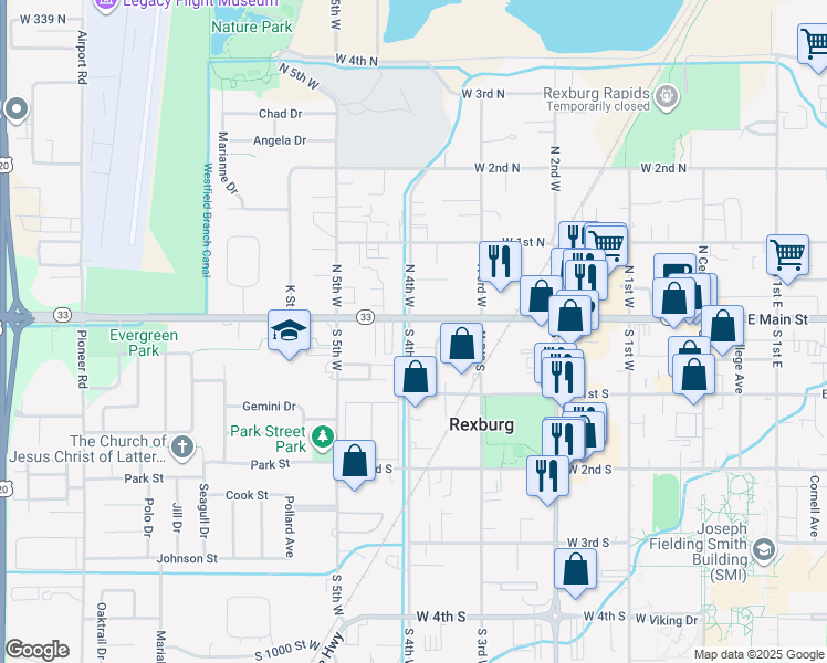 map of restaurants, bars, coffee shops, grocery stores, and more near 7 South 4th West in Rexburg