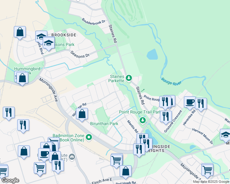 map of restaurants, bars, coffee shops, grocery stores, and more near 98 Nightstar Road in Toronto