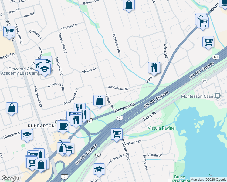 map of restaurants, bars, coffee shops, grocery stores, and more near 1741 Fairport Road in Pickering