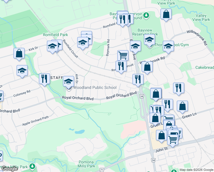 map of restaurants, bars, coffee shops, grocery stores, and more near 23 Blue Spruce Lane in Markham