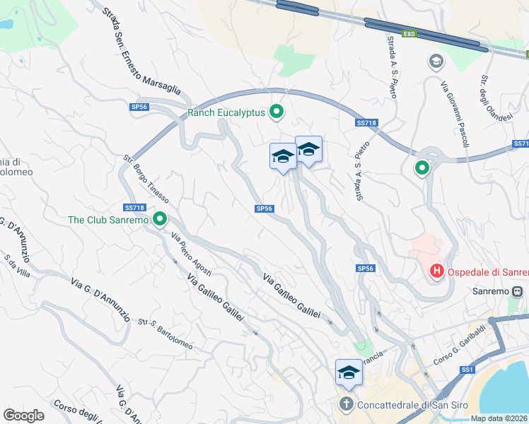 map of restaurants, bars, coffee shops, grocery stores, and more near Via Giovanni Marsaglia in Sanremo