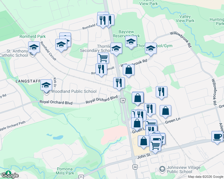 map of restaurants, bars, coffee shops, grocery stores, and more near 36 Augusta Court in Markham