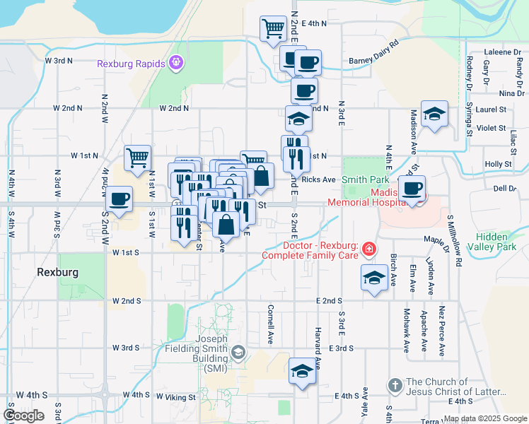 map of restaurants, bars, coffee shops, grocery stores, and more near 130 East Main Street in Rexburg