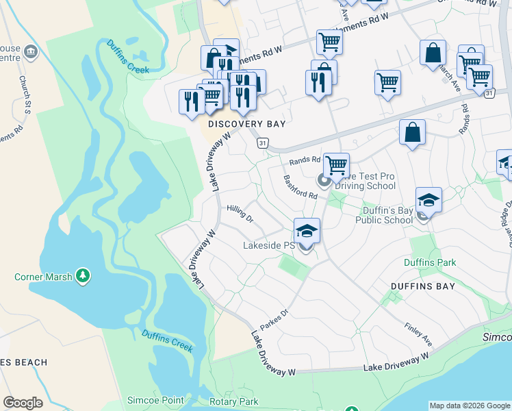 map of restaurants, bars, coffee shops, grocery stores, and more near 11 Humphrey Drive in Ajax