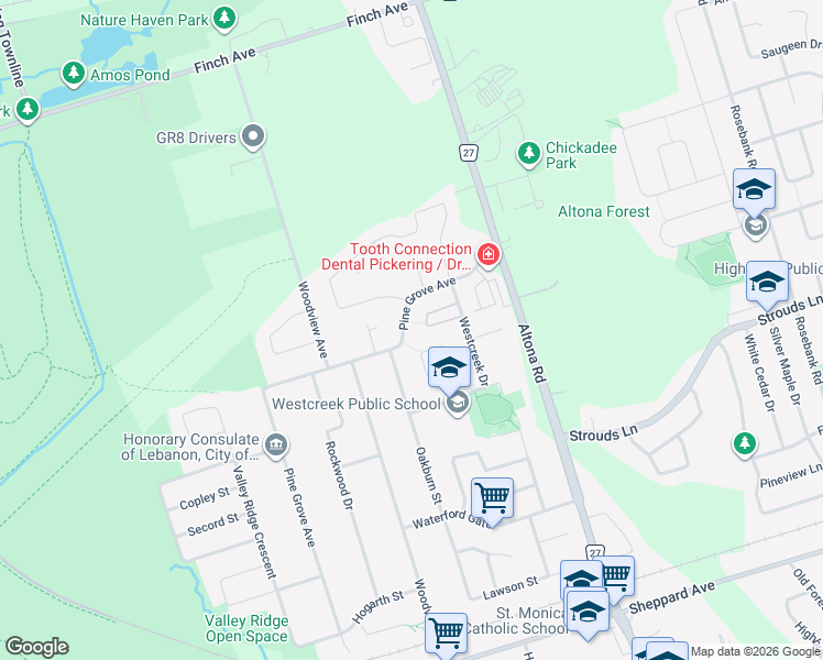 map of restaurants, bars, coffee shops, grocery stores, and more near 1929 Pine Grove Avenue in Pickering