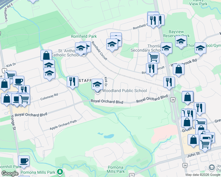 map of restaurants, bars, coffee shops, grocery stores, and more near 16 Knotty Pine Trail in Markham