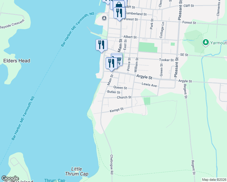map of restaurants, bars, coffee shops, grocery stores, and more near 12 Butler Street in Yarmouth