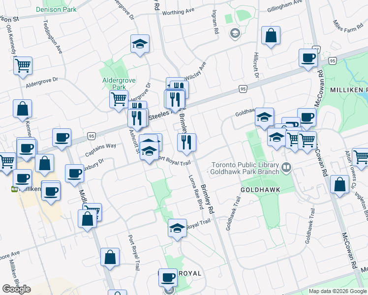 map of restaurants, bars, coffee shops, grocery stores, and more near in Toronto