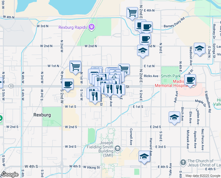 map of restaurants, bars, coffee shops, grocery stores, and more near 16 East Main Street in Rexburg