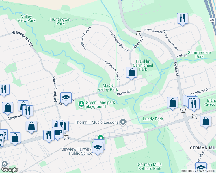 map of restaurants, bars, coffee shops, grocery stores, and more near 232 Green Lane in Markham