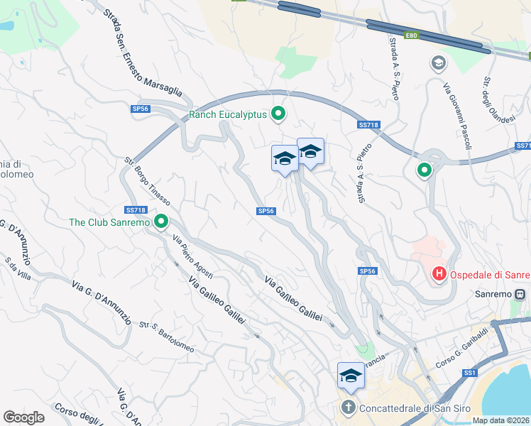 map of restaurants, bars, coffee shops, grocery stores, and more near 85 Strada Senatore Ernesto Marsaglia in Sanremo