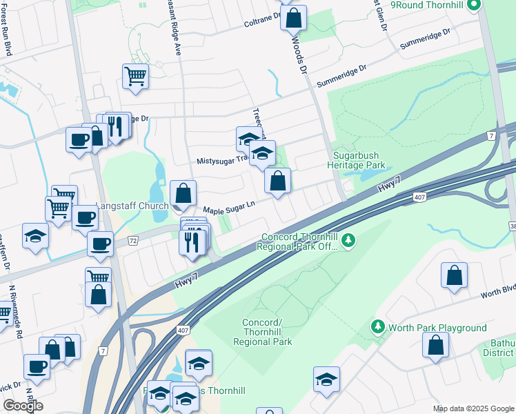 map of restaurants, bars, coffee shops, grocery stores, and more near 99 Maple Sugar Lane in Vaughan