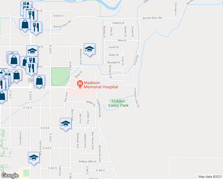 map of restaurants, bars, coffee shops, grocery stores, and more near 624 Vale Lane in Rexburg