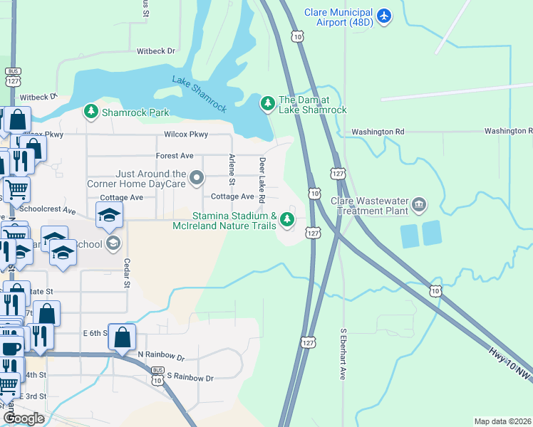 map of restaurants, bars, coffee shops, grocery stores, and more near 805 Schoolcrest Avenue in Clare