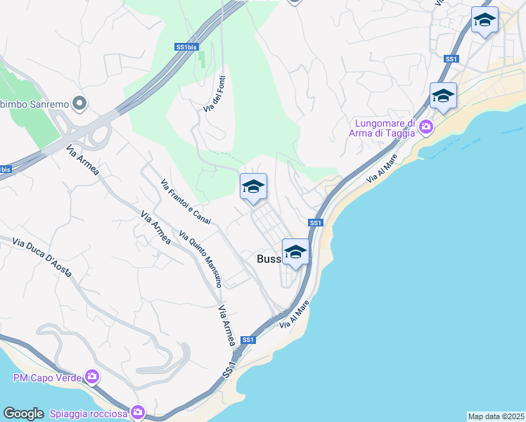map of restaurants, bars, coffee shops, grocery stores, and more near 12 Via Enrico Toti in Sanremo