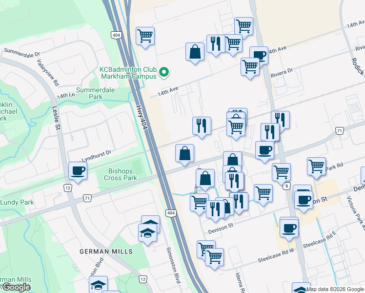 map of restaurants, bars, coffee shops, grocery stores, and more near 2600 John Street in Markham