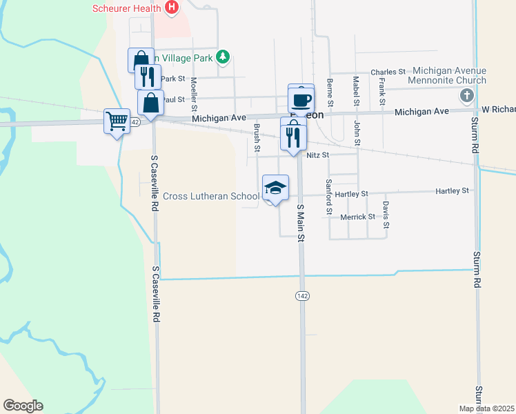 map of restaurants, bars, coffee shops, grocery stores, and more near 160 Brush Street in Pigeon