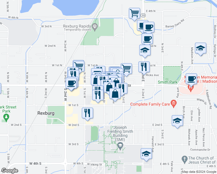 map of restaurants, bars, coffee shops, grocery stores, and more near 16 East Main Street in Rexburg