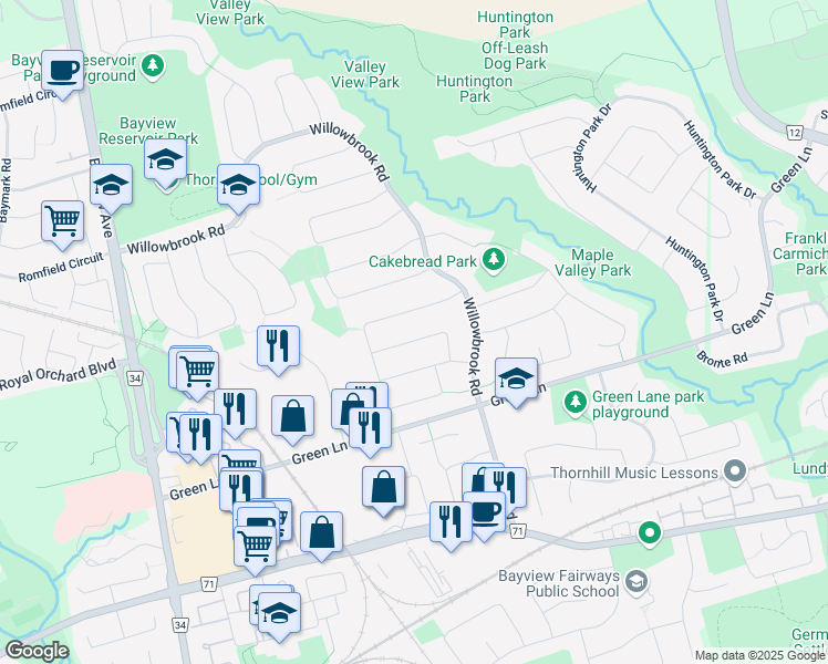 map of restaurants, bars, coffee shops, grocery stores, and more near 24 Hoover Drive in Markham