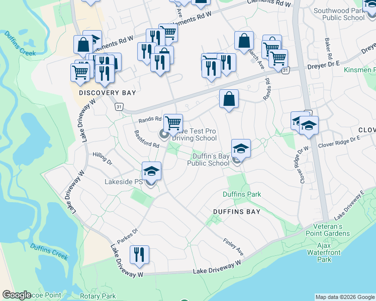 map of restaurants, bars, coffee shops, grocery stores, and more near 37 Banner Crescent in Ajax
