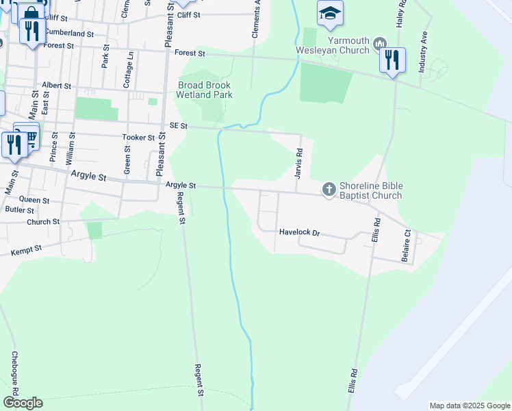map of restaurants, bars, coffee shops, grocery stores, and more near 13 Havelock Drive in Yarmouth
