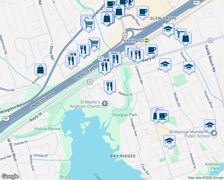 map of restaurants, bars, coffee shops, grocery stores, and more near 1210 Radom Street in Pickering