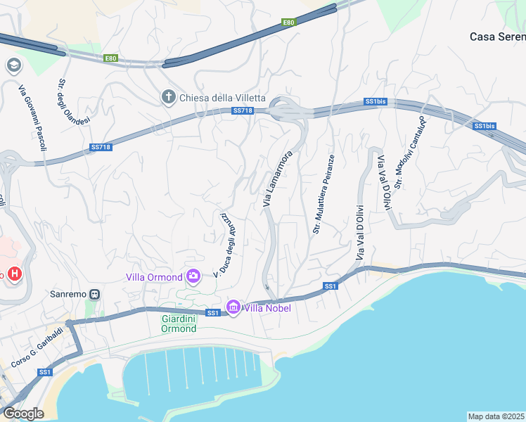 map of restaurants, bars, coffee shops, grocery stores, and more near 143 Strada San Martino in Sanremo
