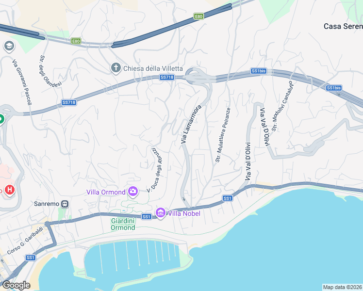 map of restaurants, bars, coffee shops, grocery stores, and more near 143 Strada San Martino in Sanremo