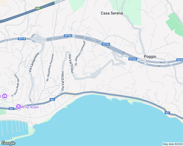map of restaurants, bars, coffee shops, grocery stores, and more near 154-158 Via Val D'Olivi in Sanremo
