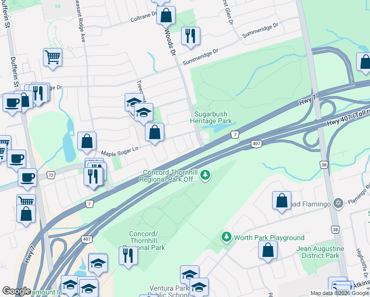 map of restaurants, bars, coffee shops, grocery stores, and more near 26 Lander Crescent in Vaughan