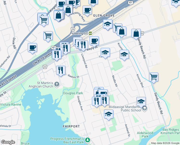 map of restaurants, bars, coffee shops, grocery stores, and more near in Pickering