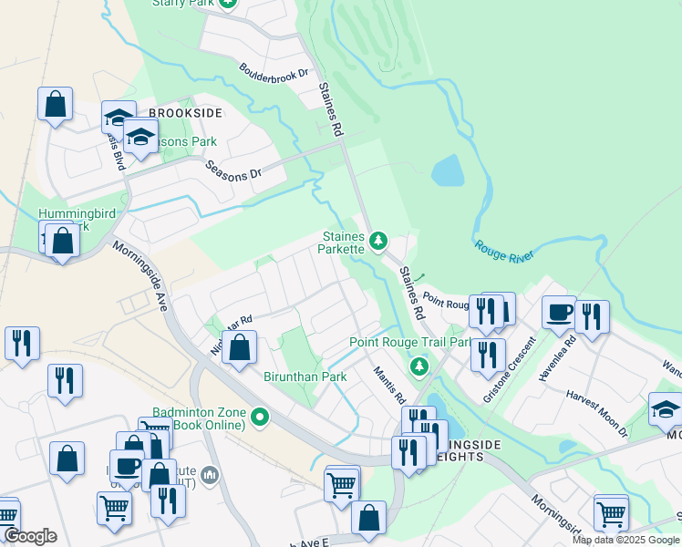 map of restaurants, bars, coffee shops, grocery stores, and more near 98 Nightstar Road in Toronto