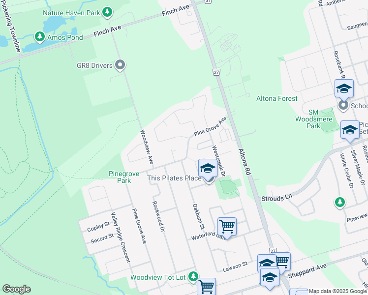 map of restaurants, bars, coffee shops, grocery stores, and more near 1936 Pine Grove Avenue in Pickering