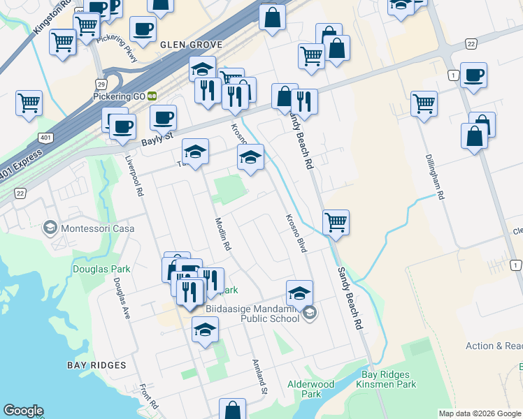 map of restaurants, bars, coffee shops, grocery stores, and more near 855 Zator Avenue in Pickering